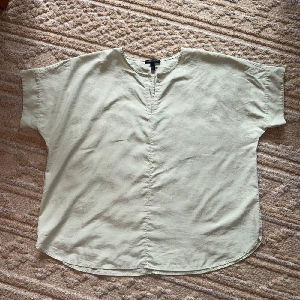 Eileen Fisher Petite V-Neck Tencel Lyocell Short Sleeve Blouse Sage Green PL